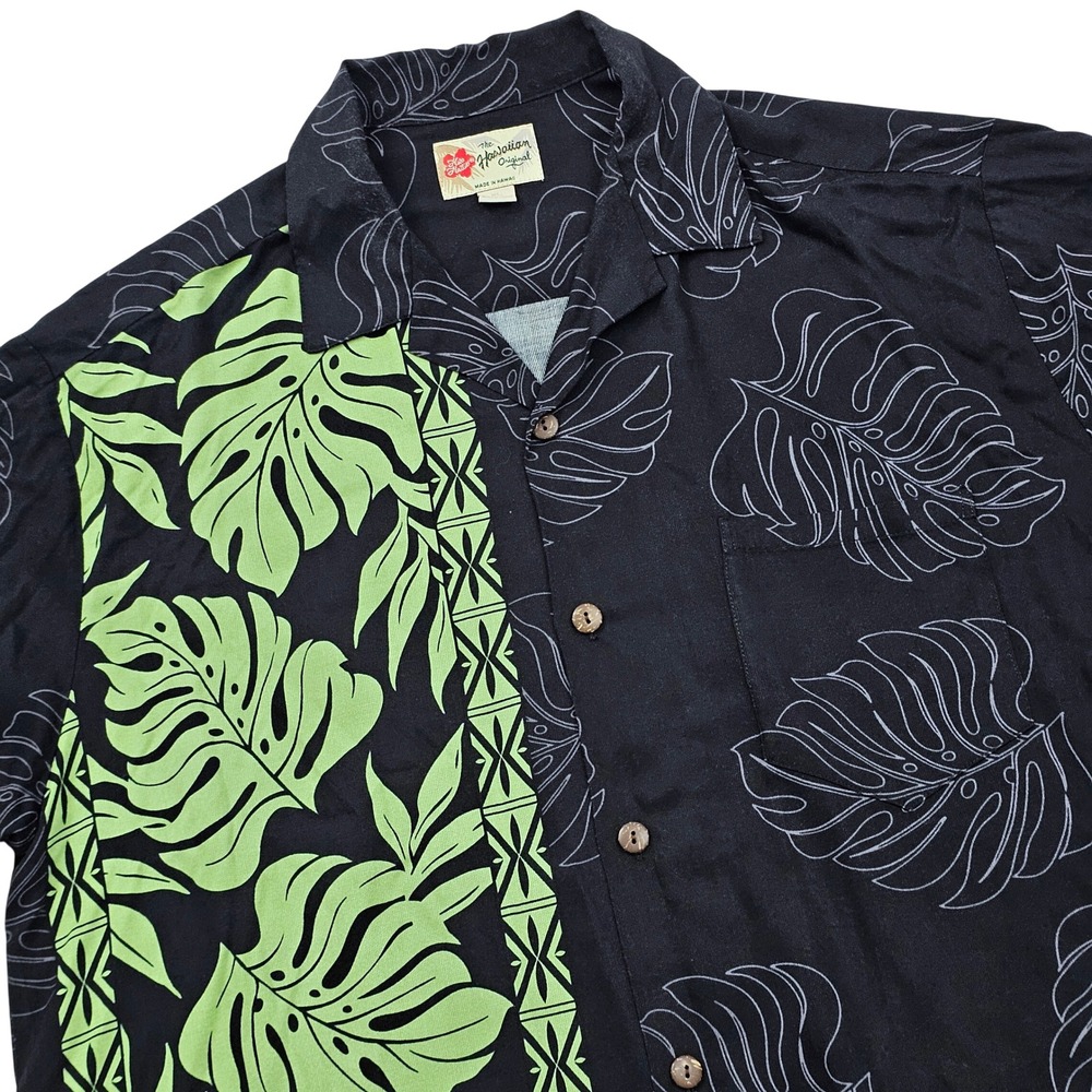 Hilo Hattie Hawaiian Shirt Mens XL Black Green Monstera Leaf Tropical Aloha Tiki